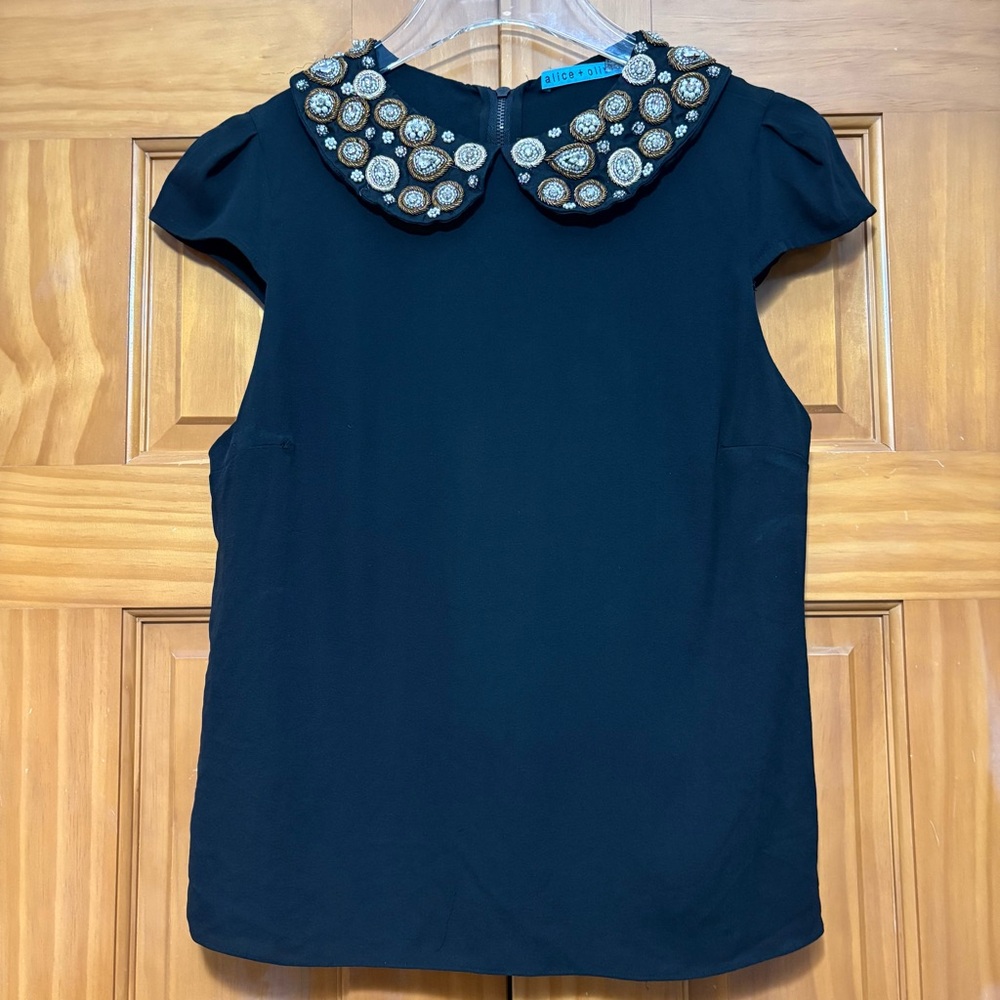 Alice + Olivia Black Sleeveless Top with Beaded Peter Pan Collar Size Small